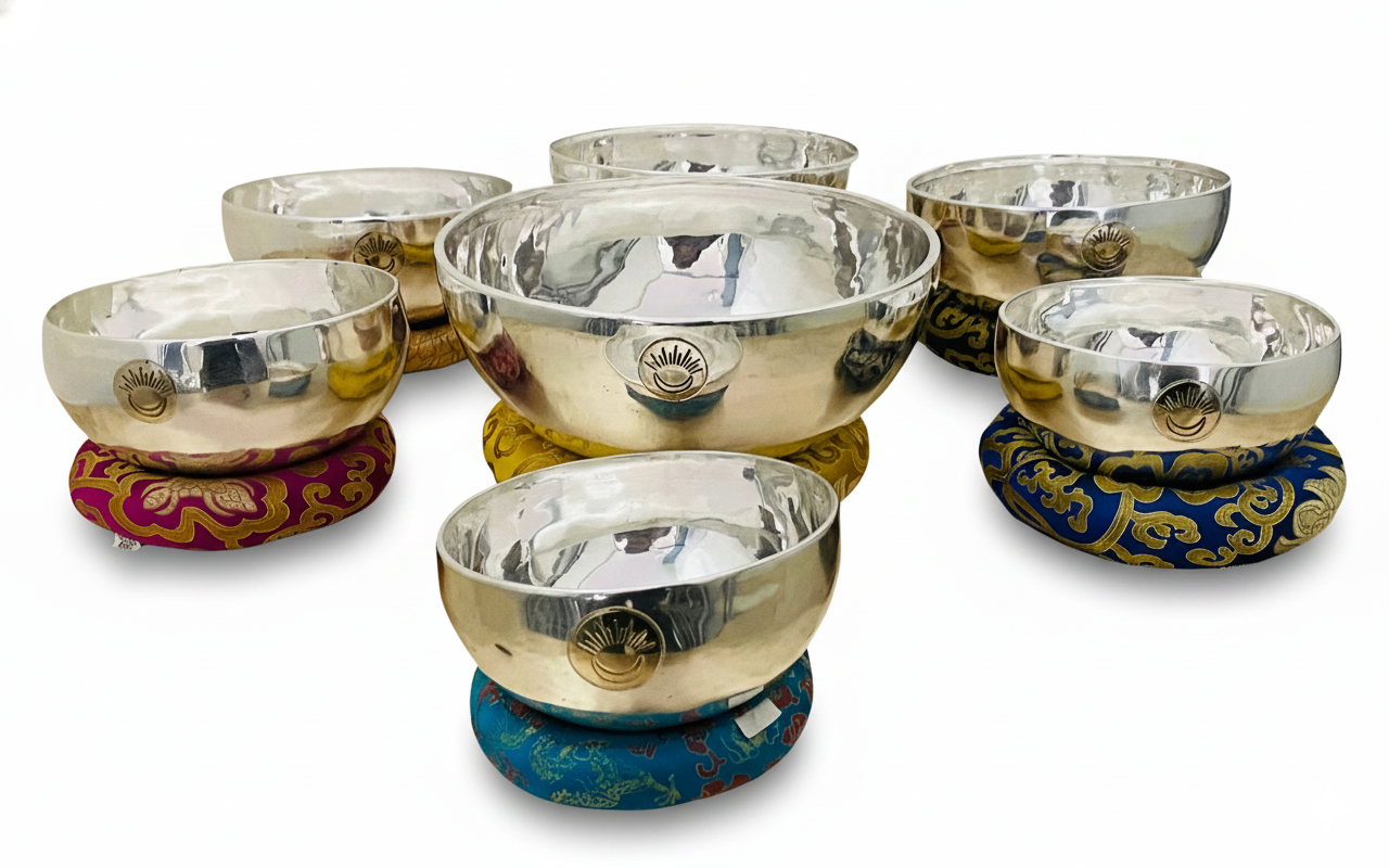 Silver-Plated Sun Moon Singing Bowl Set of 7 Silver-Plated Sun Moon Singing Bowl Set of 7