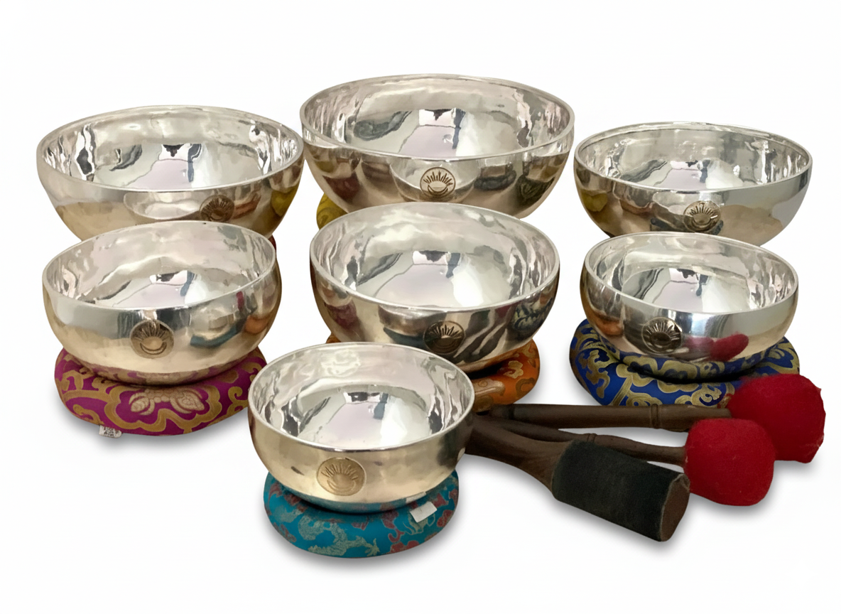 Silver-Plated Sun Moon Singing Bowl Set of 7 Silver-Plated Sun Moon Singing Bowl Set of 7